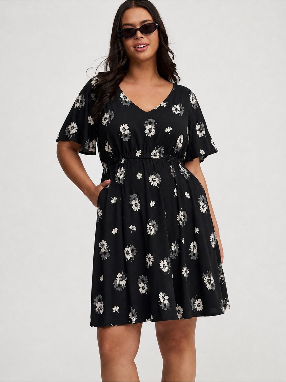 Torrid Black Floral Mini Dress Size 0 / L Neck Flutter Sleeve Elastic Waist NWT
